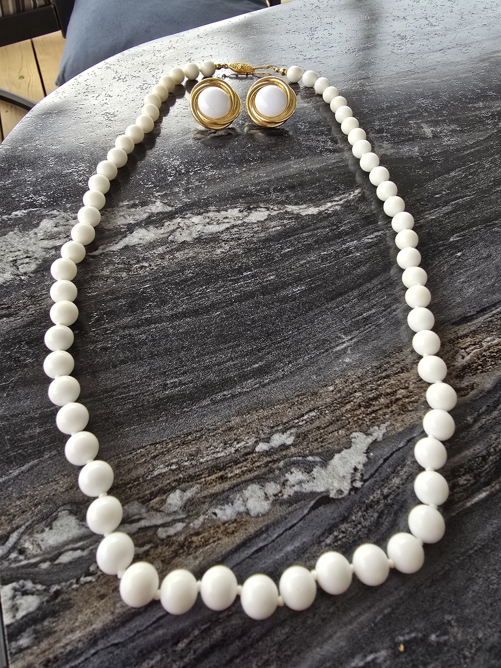 Classic White Milk Glass Beaded Necklace with Trifari Gold-Trim Pierced Earrings